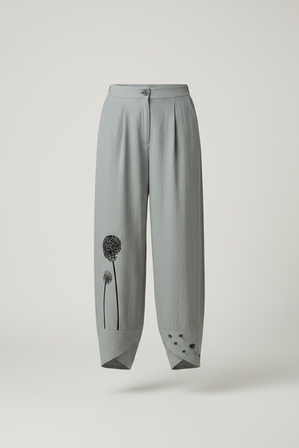 Pantalon Parachute Gris Ample Motif Floral Fluide - Lin - vue 3