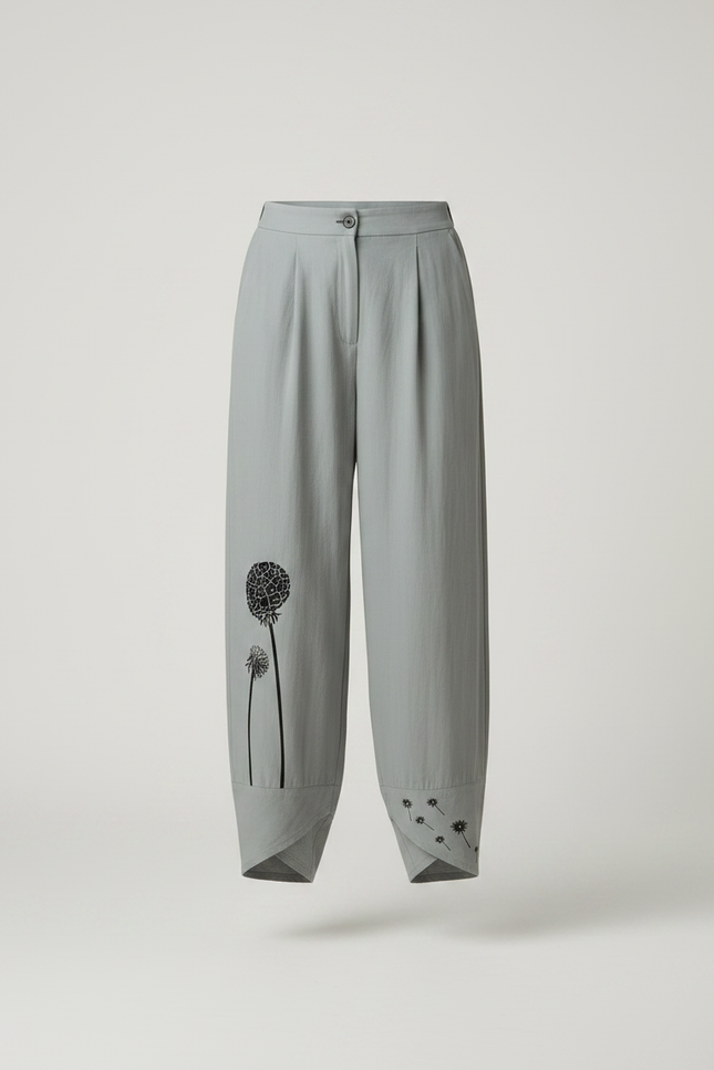 Pantalon Parachute Gris Ample Motif Floral Fluide - Lin - vue 3