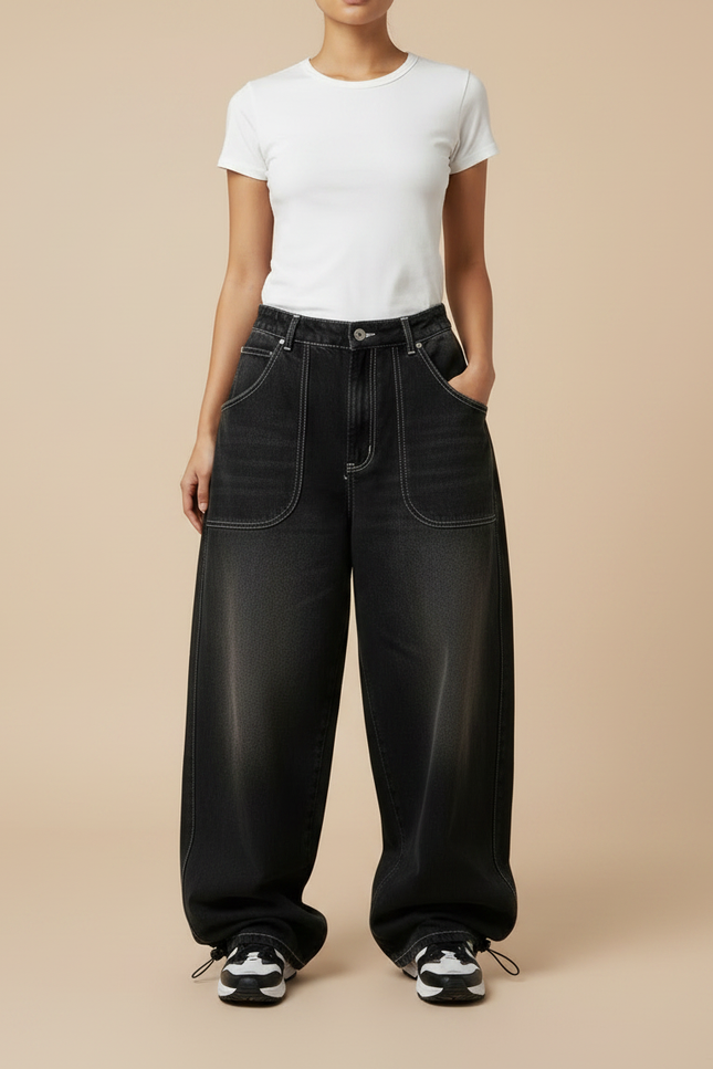 Pantalon Parachute Noir Délavé Ample Imprimé Denim Femme - Jean - vue 3