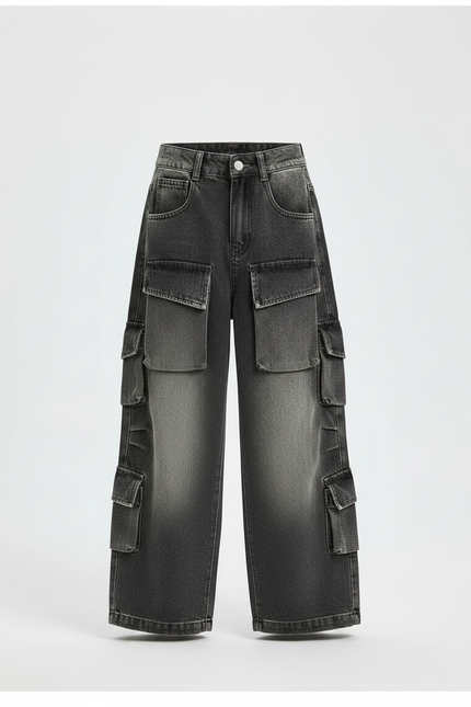 Pantalon Parachute Gris Délavé Cargo Ample Enfant - Jean - vue 3