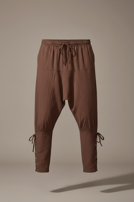 Pantalon Parachute Marron Coton Ample Lacets Homme Médiéval - vue 3