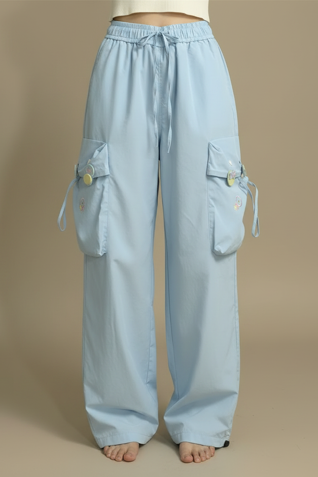 Pantalon Parachute Bleu Ciel Ample Brodé Décontracté Femme - Polyester - vue 3