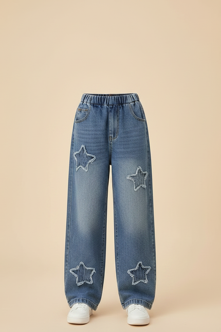 Pantalon Parachute Denim Étoiles Ample Fille Bleu - Jean - vue 3