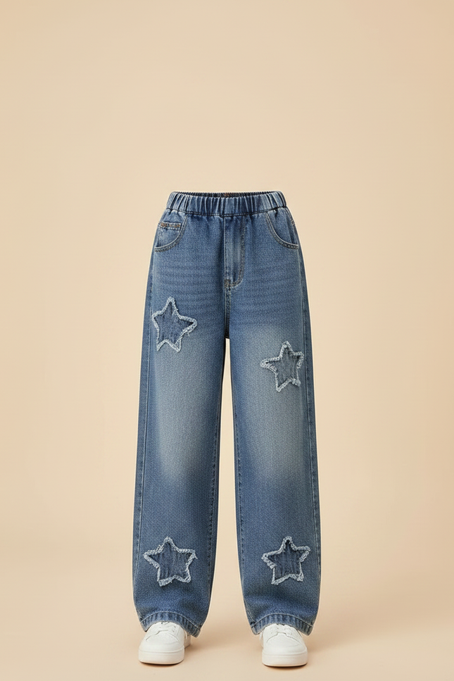 Pantalon Parachute Denim Étoiles Ample Fille Bleu - Jean - vue 3