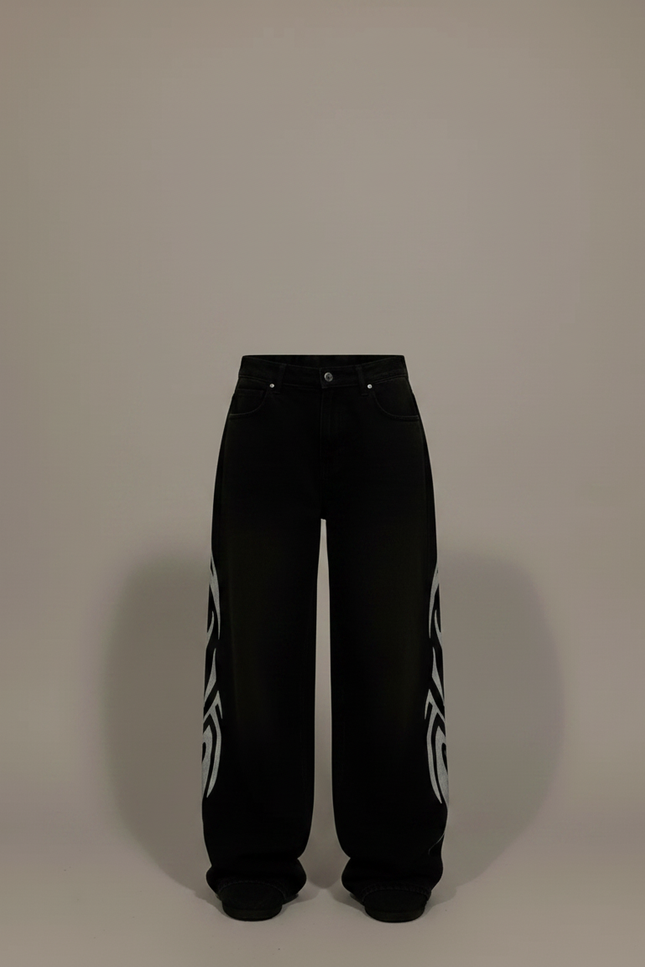 Pantalon Parachute Noir Imprimé Tribal Ample Streetwear - Molleton - vue 3