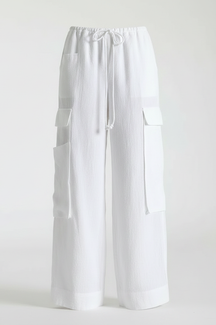 Pantalon Parachute Blanc Ample Cargo Lin Femme - vue 3