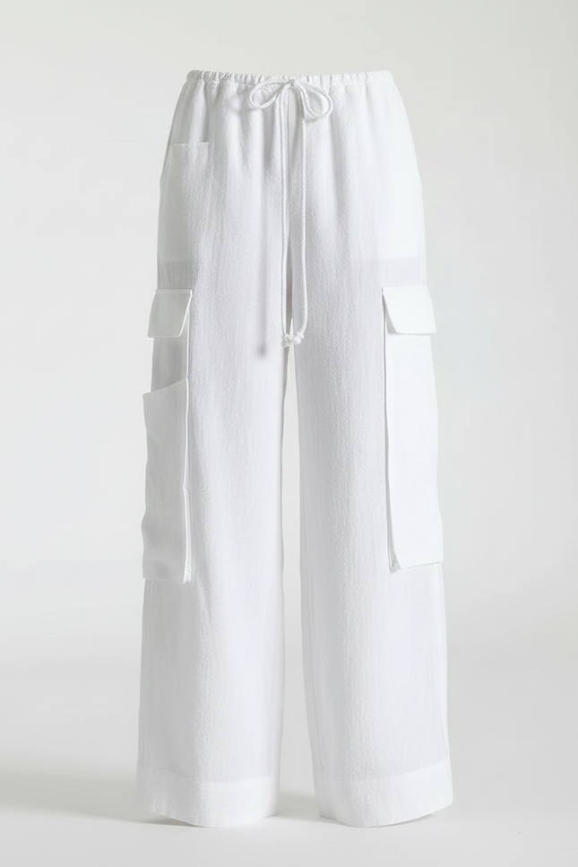 Pantalon Parachute Blanc Ample Cargo Lin Femme - vue 3