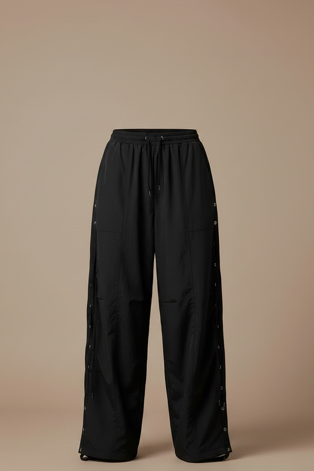 Pantalon Parachute Noir Ample Boutons Sport Femme - Polyester - vue 3