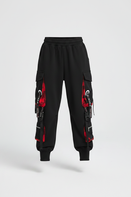 Pantalon Parachute Noir Cargo Carreaux Rouges Ample - Molleton - vue 3
