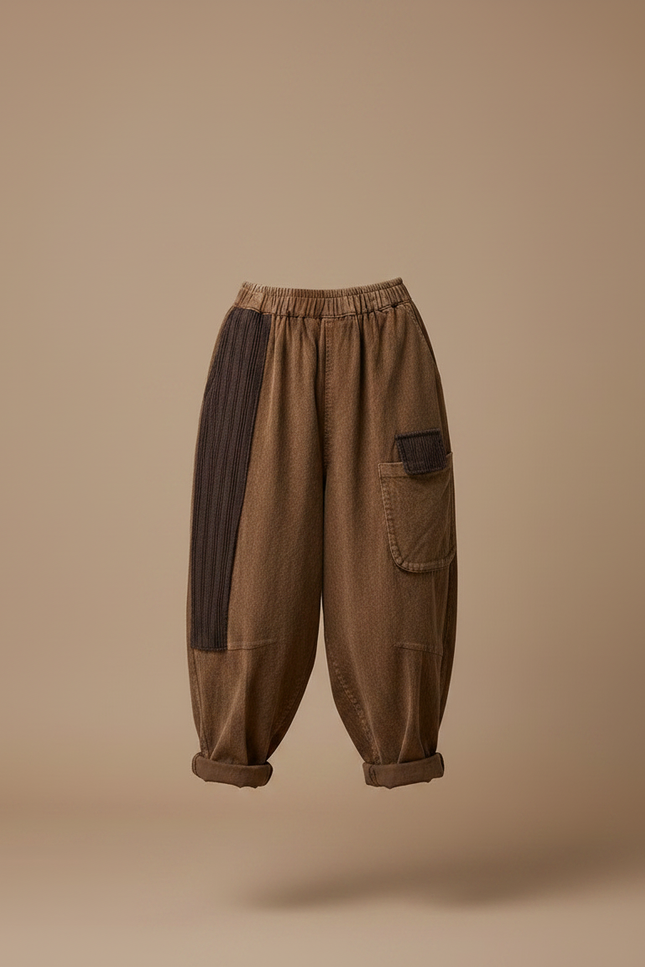 Pantalon Parachute Côtelé Marron Ample Patchwork Femme - Cordé - vue 3