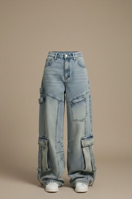 Pantalon Parachute Jean Ample Délavé Cargo Femme - Bleu - vue 3