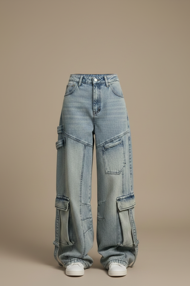 Pantalon Parachute Jean Ample Délavé Cargo Femme - Bleu - vue 3