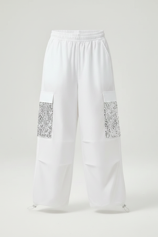 Pantalon Parachute Blanc Ample Sequin Fille Casual - Polyester - vue 3
