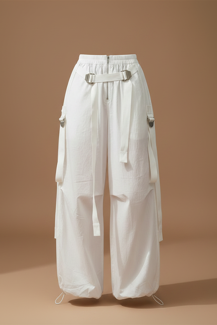 Pantalon Parachute Blanc Cargo Ample Streetwear Femme - Coton - vue 3