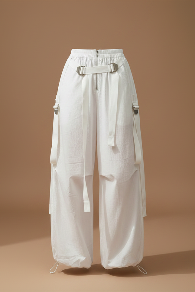 Pantalon Parachute Blanc Cargo Ample Streetwear Femme - Coton - vue 3