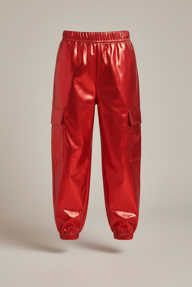 Pantalon Parachute Rouge Métallisé Cargo Brillant Fille - Polyester - vue 3