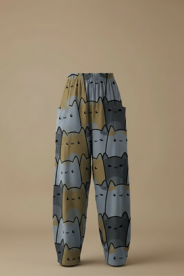 Pantalon Parachute Chat Imprimé Ample Décontracté Femme - Viscose - vue 3