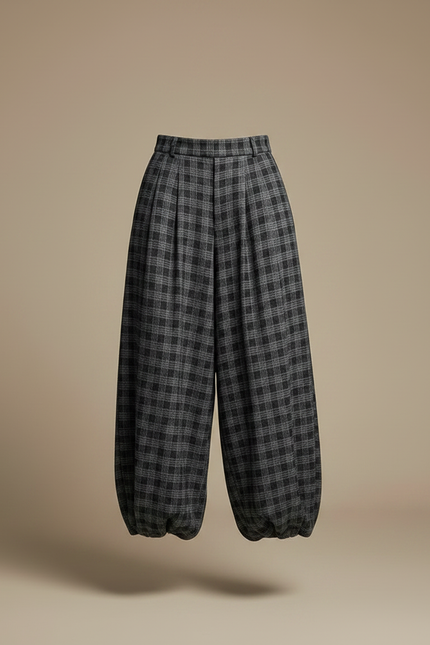 Pantalon Parachute Plaid Gris Ample Fluide Chic - Laine - vue 3