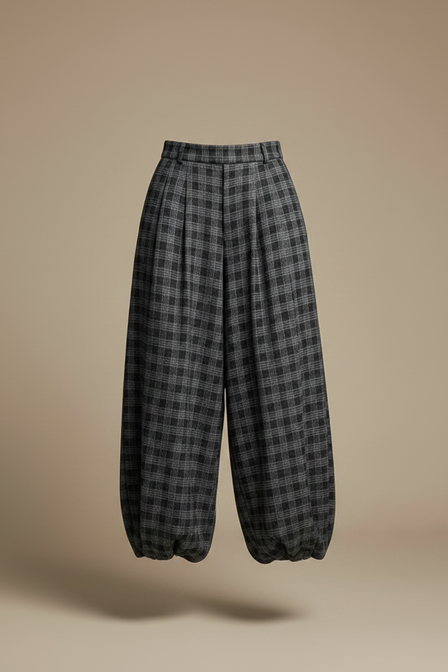 Pantalon Parachute Plaid Gris Ample Fluide Chic - Laine - vue 3