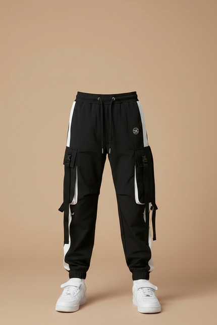 Pantalon Parachute Noir Cargo Ample Enfant Rayures - Polyester - vue 3