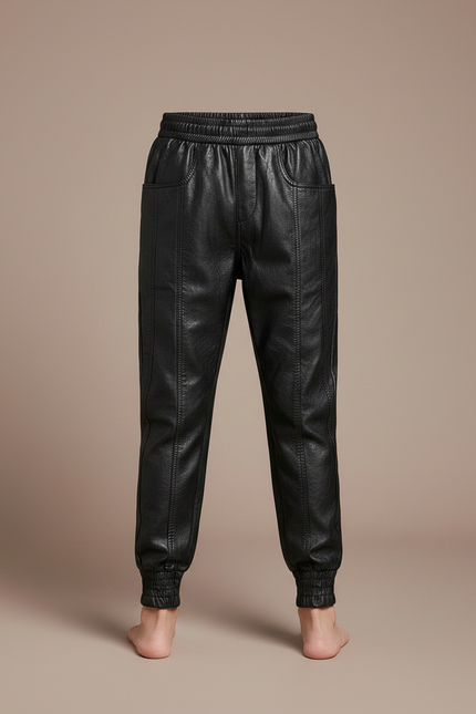 Pantalon Parachute Noir Cuir Ample Enfant Décontracté - vue 3