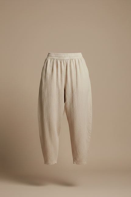 Pantalon Parachute Beige Lin Ample Taille Élastique - vue 3