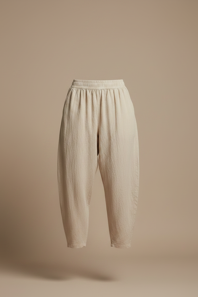 Pantalon Parachute Beige Lin Ample Taille Élastique - vue 3