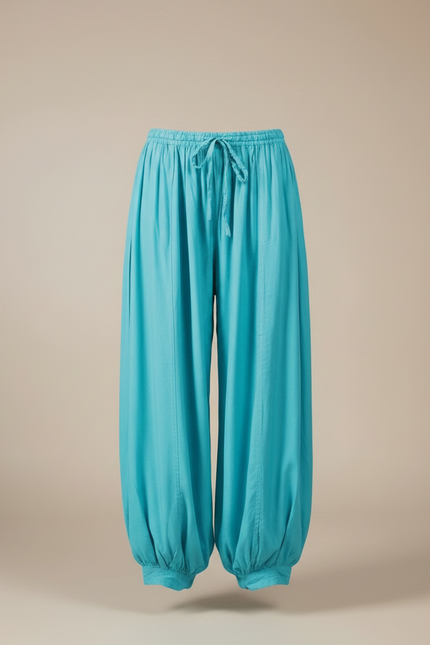 Pantalon Parachute Turquoise Fluide Ample Cheville Plissé - Bleu Viscose - vue 3