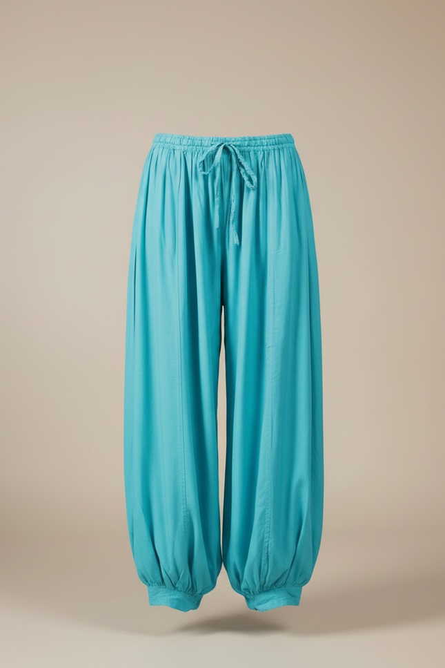 Pantalon Parachute Turquoise Fluide Ample Cheville Plissé - Bleu Viscose - vue 3