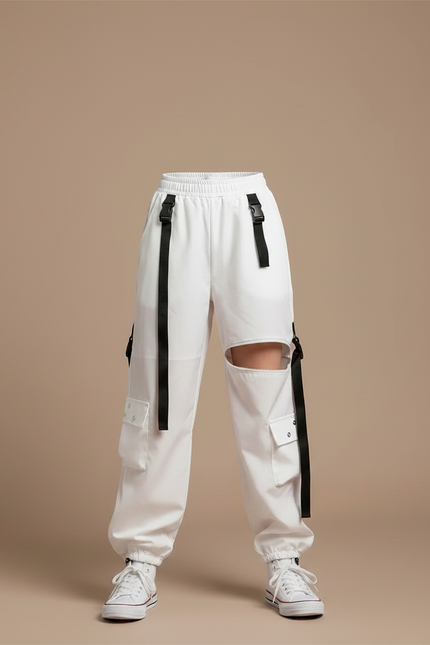 Pantalon Parachute Blanc Cargo Déchiré Streetwear Fille - Polyester - vue 3