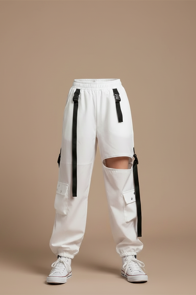 Pantalon Parachute Blanc Cargo Déchiré Streetwear Fille - Polyester - vue 3