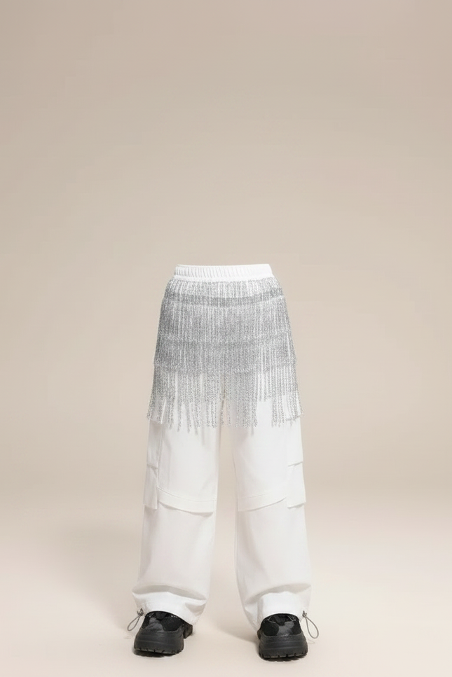Pantalon Parachute Blanc Cargo Ample Brillant Fille - Toile - vue 3