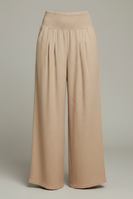 Pantalon Parachute Fluide Ample Smocké Beige Femme - Lin - vue 3