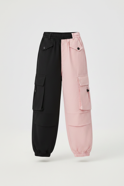 Pantalon Parachute Bicolore Noir Rose Cargo Ample - Multicolore Toile - vue 3