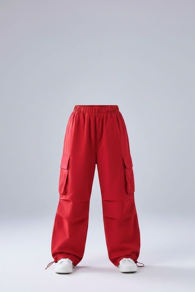 Pantalon Parachute Rouge Cargo Ample Fille Hip Hop - Toile - vue 3