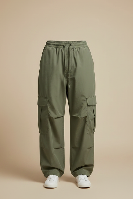 Pantalon Parachute Vert Armée Cargo Ample Homme - Kaki Polyester - vue 3