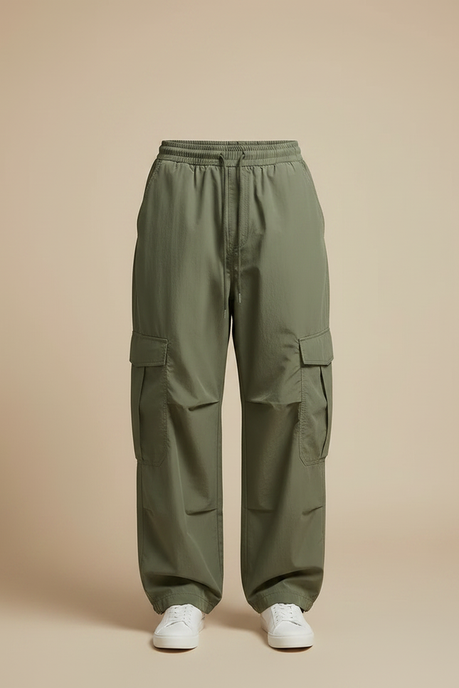 Pantalon Parachute Vert Armée Cargo Ample Homme - Kaki Polyester - vue 3