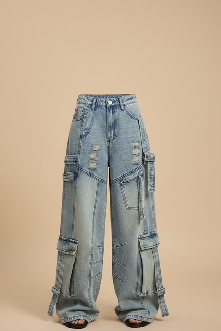 Pantalon Parachute Jean Ample Délavé Multipoches Déchiré - Bleu - vue 3