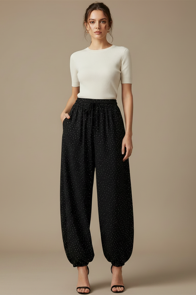 Pantalon Parachute Noir Fluide Poitillé Élégant Ample - Viscose - vue 3