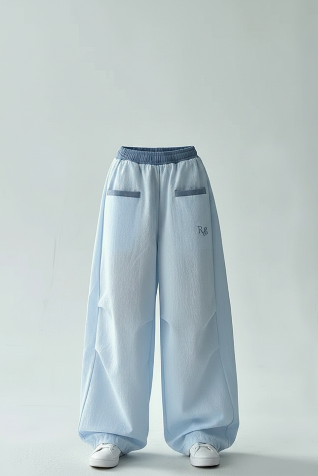 Pantalon Parachute Bleu Ciel Ample Décontracté Coton - vue 3