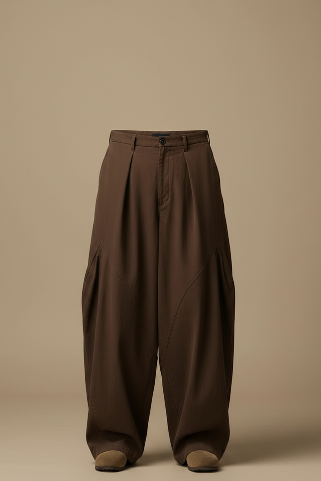 Pantalon Parachute Marron Ample Plissé Homme Décontracté - Toile - vue 3