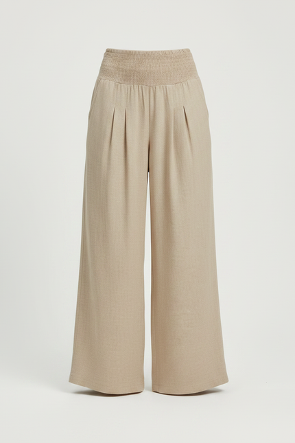 Pantalon Parachute Beige Ample Fluide Plissé Femme - Lin - vue 3