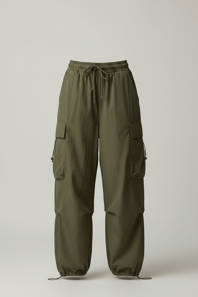 Pantalon Parachute Vert Cargo Ample Décontracté Femme - Kaki Polyester - vue 3