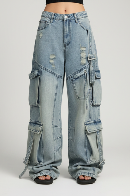 Pantalon Parachute Jean Ample Délavé Multipoches Cargo - Bleu - vue 3