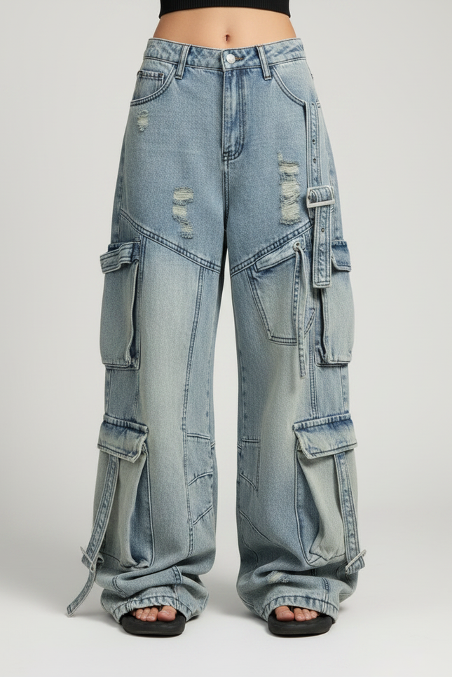 Pantalon Parachute Jean Ample Délavé Multipoches Cargo - Bleu - vue 3