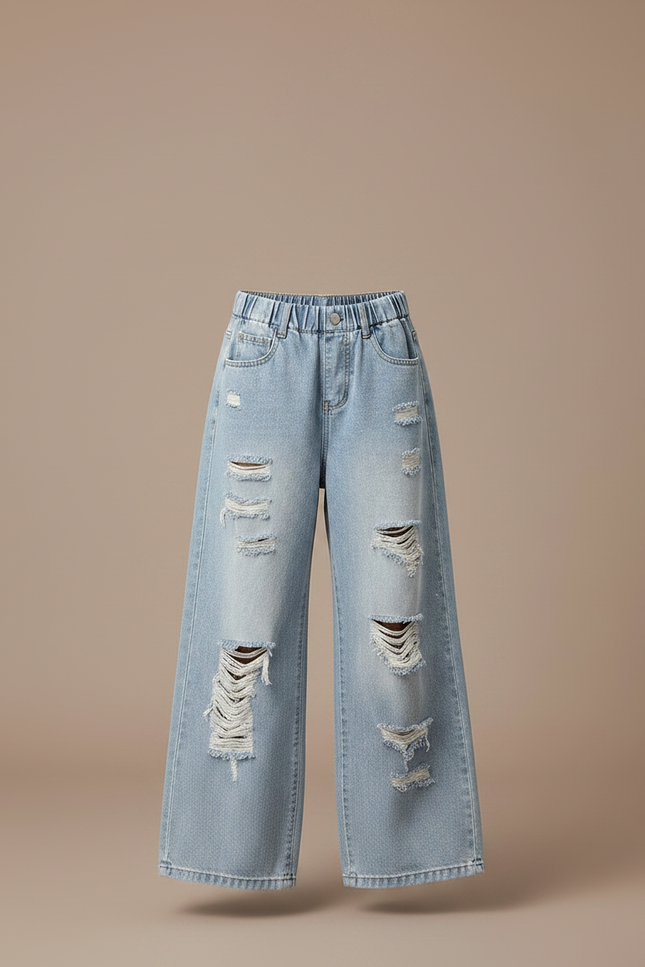 Pantalon Parachute Denim Ample Jean Fille Déchiré - Bleu - vue 3