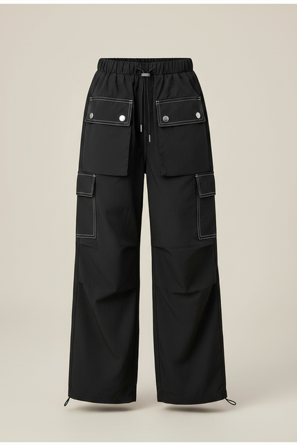Pantalon Parachute Noir Ample Cargo Coutures Contrastées Fille - Polyester - vue 3