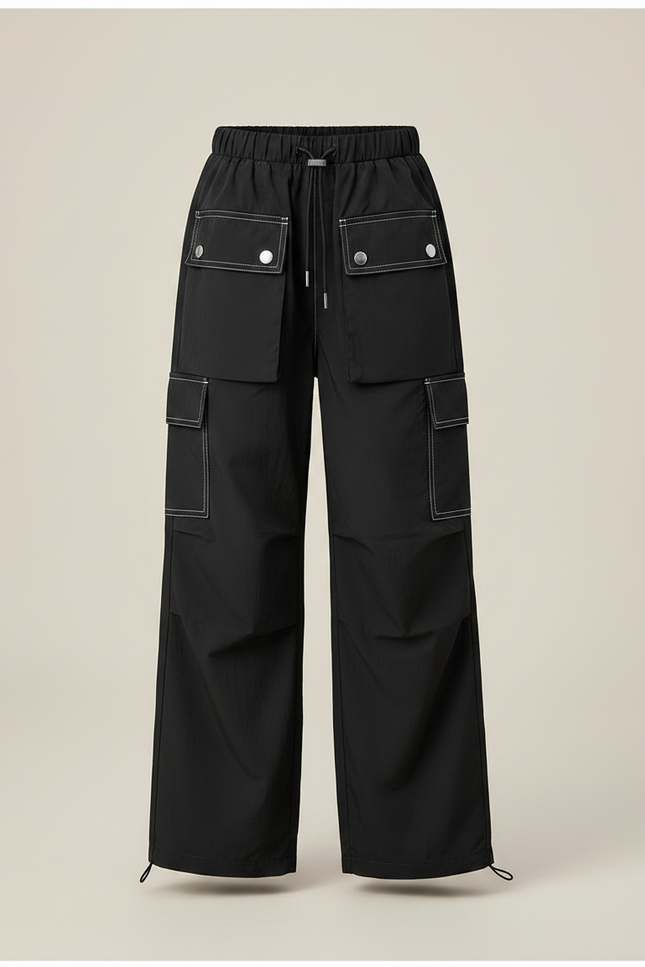 Pantalon Parachute Noir Ample Cargo Coutures Contrastées Fille - Polyester - vue 3