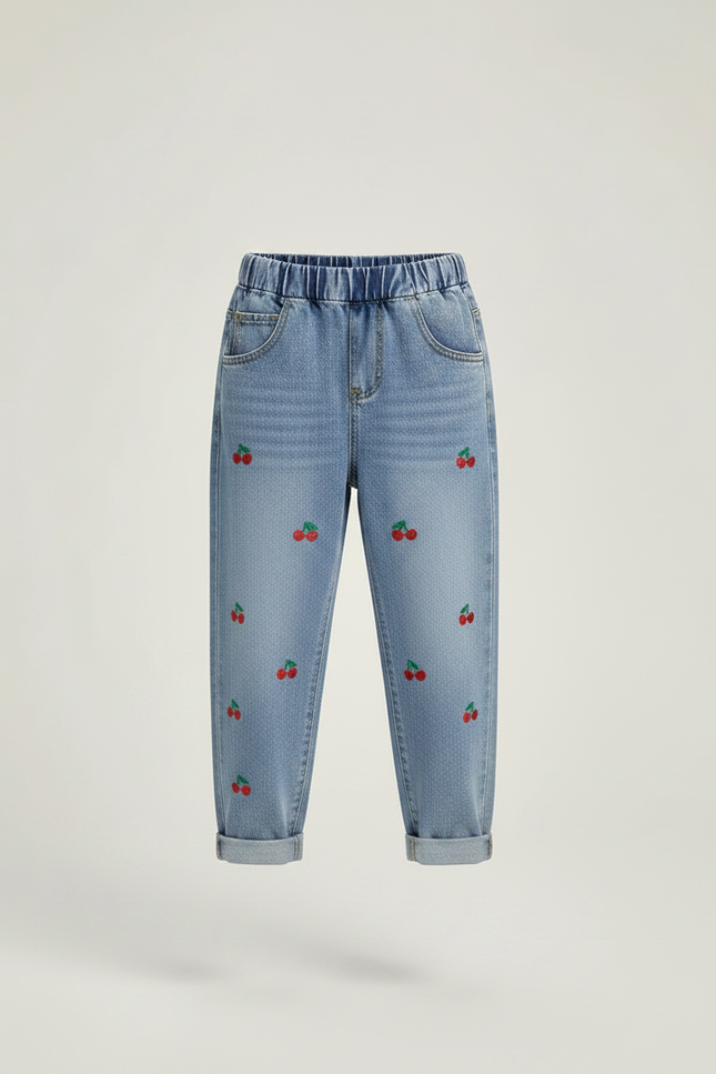 Pantalon Parachute Jean Ample Cerises Brodé Enfant - Bleu - vue 3