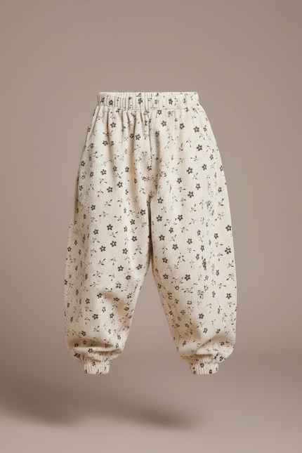 Pantalon Parachute Beige Côtelé Fleuri Ample Enfant - Cordé - vue 3